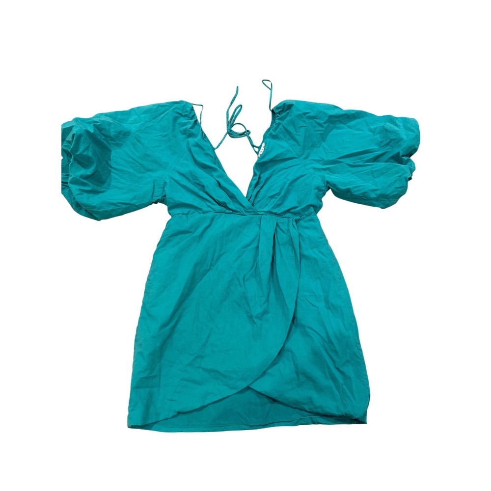 Hyfve Teal Puff Sleeve Deep V-Neck Wrap Tulip Mini Dress Small
